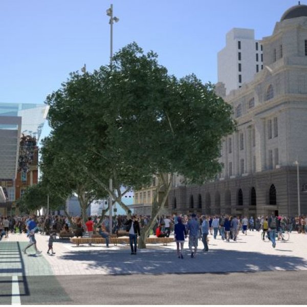 Artist's impression of the Lower Queen Street square, looking north to the Ferry building. Image: cityraillink.co.nz.