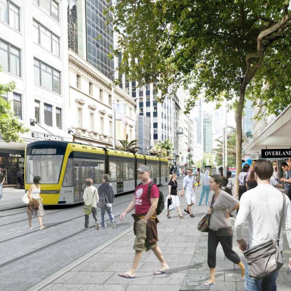 Artist's impression of Light Rail on Queen Street. Image: Auckland Transport.