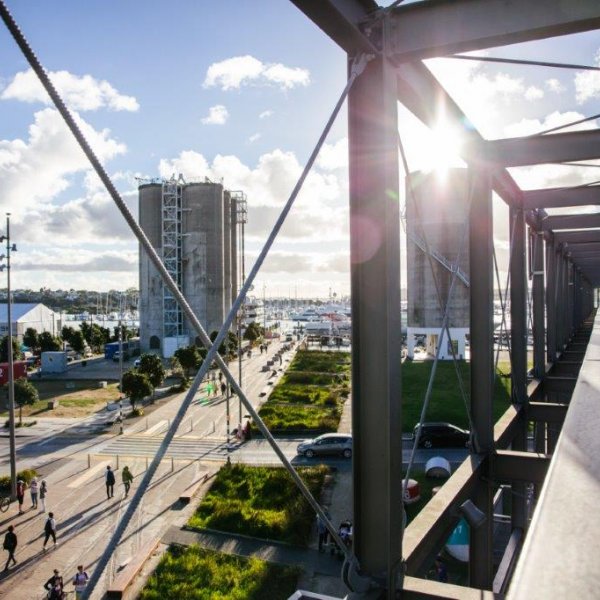 View from gantry at Silo Park, Wynyard Quarter in Auckland's city centre, looking west across Westhaven Marina. Image: Sacha Stejko.