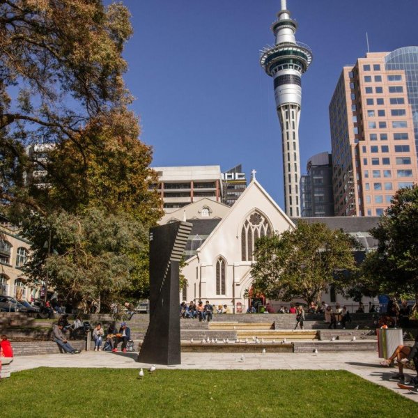 St Patrick's Square in Auckland's city centre, with public art and cathedral in view