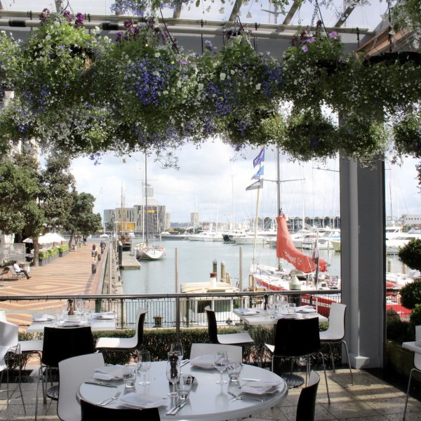 The view from Soul Bar and Bistro to the Viaduct Harbour, Auckland's city centre. 