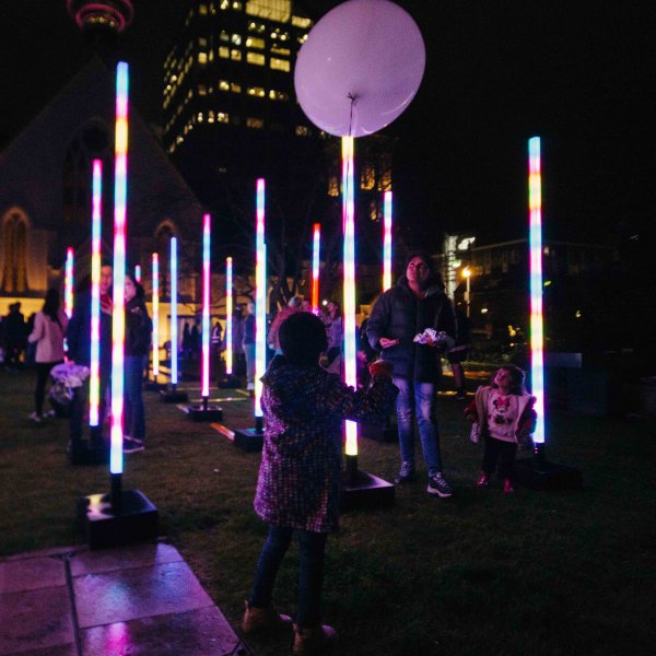 Late Night Art in the city centre 2018 - kids exploring Light Field by James Russell in St Patrick's Square, Light Field. Image: Sacha Stejko.