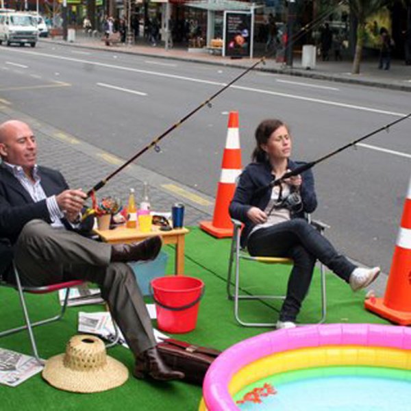 Ludo Campbell Reid and Natalie Donze, Park(ing) Day 2009 in Auckland's city centre.