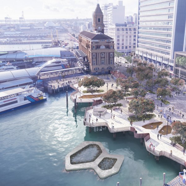 Artist's impression - new Downtown Public Space in the Ferry Basin area between Princes and Queens Wharves in Auckland's city centre downtown area. Image: Auckland Council
