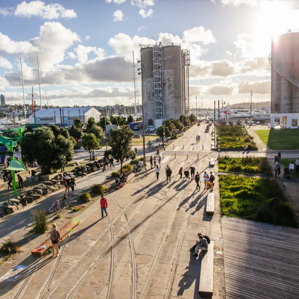 People enjoying the public space in Silo Park, in Auckland's city centre Wynyard Quarter. Image: Sacha Stejko.