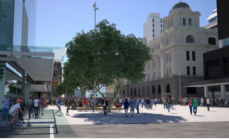 Artist's impression of the Lower Queen Street square, looking north to the Ferry building. Image: cityraillink.co.nz.