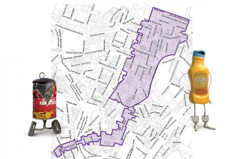 Auckland Council inner CBD kerbside rubbish and recycling collection zone. Image: Auckland Council.