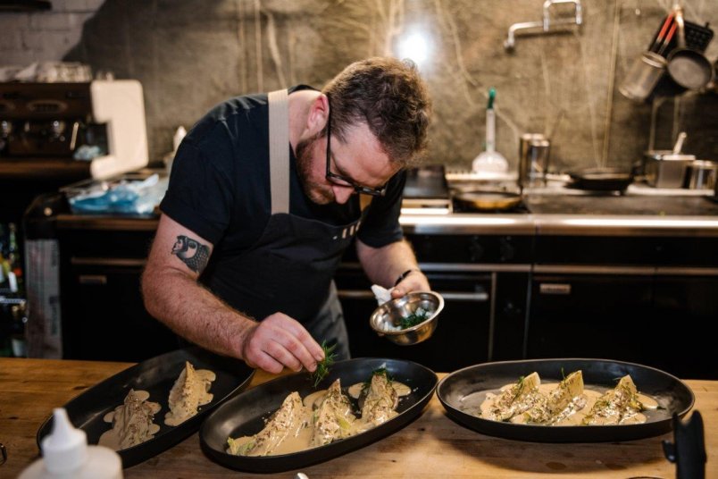 A Taste of Automata at Culprit for American Express Restaurant Month 2018. Steamed napa cabbage, fermented mushroom butter, buckwheat, dried venison liver. Image: Credit Sacha Stejko