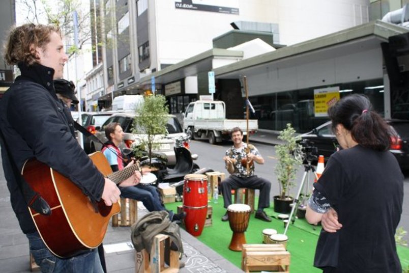 A casual jam session in Lorne Street in Auckland's city centre for Park(ing) Day 2009.