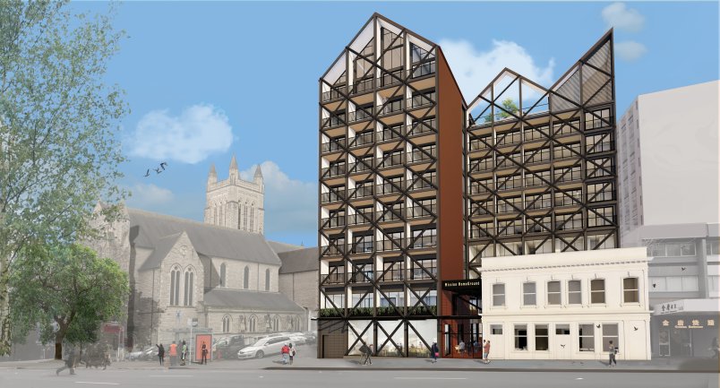 Mission HomeGround, artist's impression from Hobson Street in Auckland's city centre. Image: Auckland City Mission.