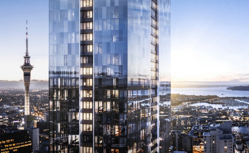 An artist's impression of The Pacifica with the Sky Tower in background, Auckland's city centre. Image: The Pacifica