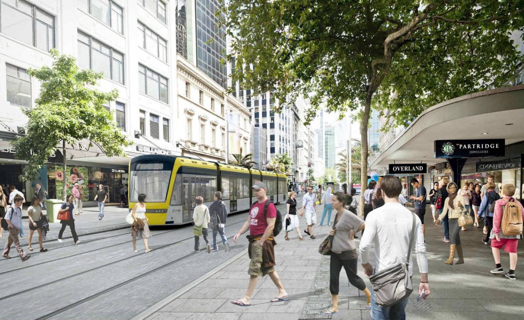 Artist's impression of Light Rail on Queen Street. Image: Auckland Transport.