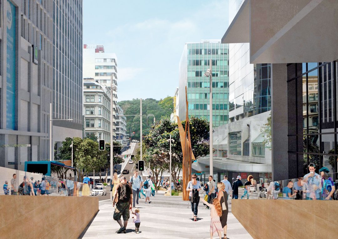 Artist's impression of Aotea station entrance on Victoria Street, part of the linear park. Image: cityraillink.co.nz