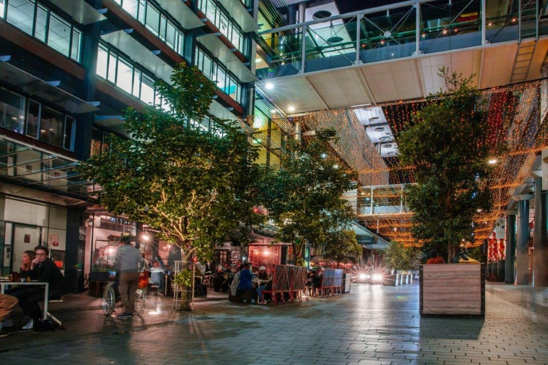 People enjoying an evening of food, drink and company under the fairy lights on Federal Street in Auckland's city centre. Image: Sacha Stejko.