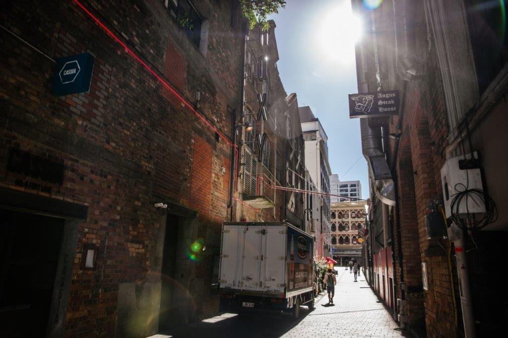 Snickel Lane off Fort Lane in Auckland City Centre including restaurants, servicing, laneway, heritage buildings and Old Sofrana House on Customs Street