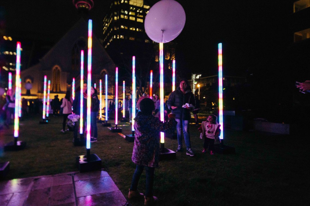 Late Night Art in the city centre 2018 - kids exploring Light Field by James Russell in St Patrick's Square, Light Field. Image: Sacha Stejko. 