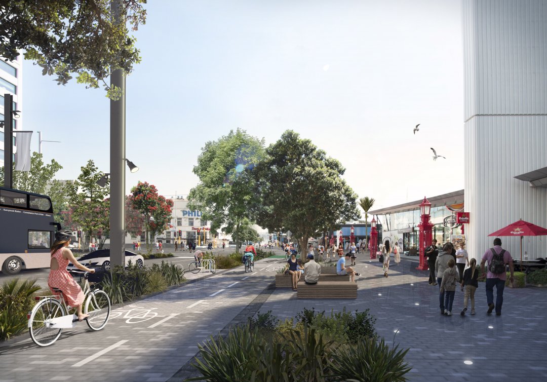 Artist's impression - Quay Street separated cycle lanes, seating and wide footpaths. Image: Auckland Council