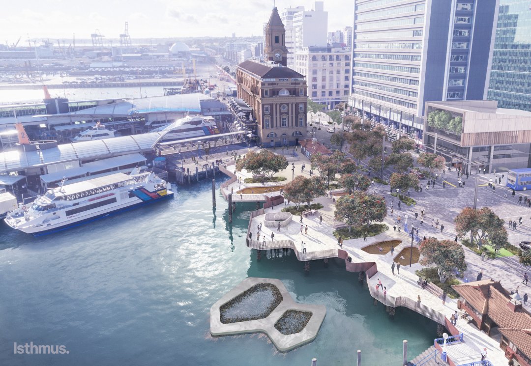 Artist's impression - new Downtown Public Space in the Ferry Basin area between Princes and Queens Wharves in Auckland's city centre downtown area. Image: Auckland Council