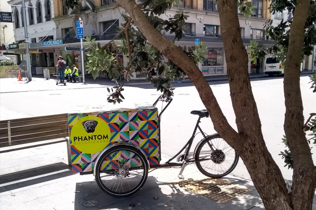 Phantom Billstickers cargo bike in Fort Street, Auckland's city centre. Image: Heart of the City