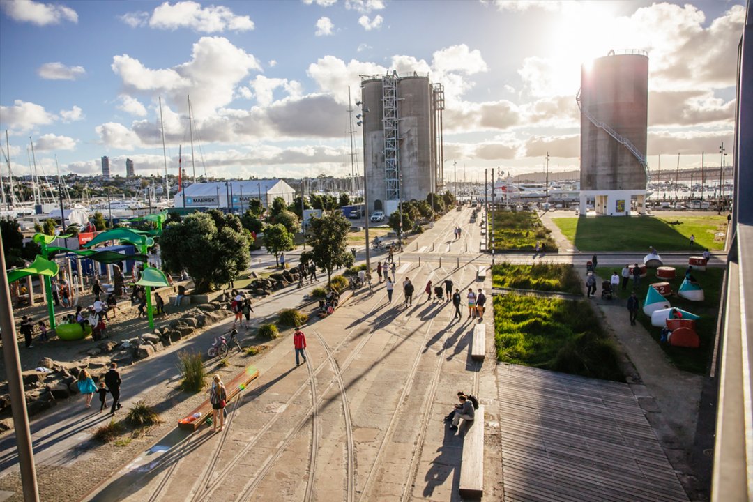 People enjoying the public space in Silo Park, in Auckland's city centre Wynyard Quarter. Image: Sacha Stejko.